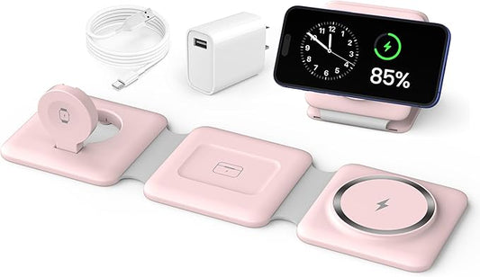 Charging Station for Apple Multiple Devices: 3 in 1 Foldable Magnetic Wireless Charger Stand - Travel Charging Dock Compatible with iPhone 16 15 14 13 12 Pro Max Plus Apple Watch AirPods