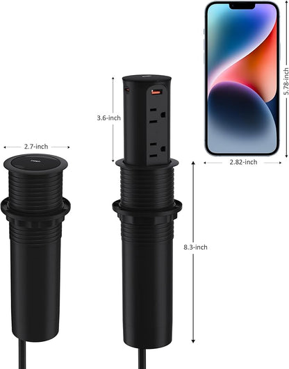 Pop up Outlet for Countertop,65W USB C Fast Charging Port,2.5-inch Hole Desktop Power Grommet,Recessed Power Strip,4 Outlets 4 USB Ports,15Amp Tamper Resistant Receptacle，ETL Listed (Black)