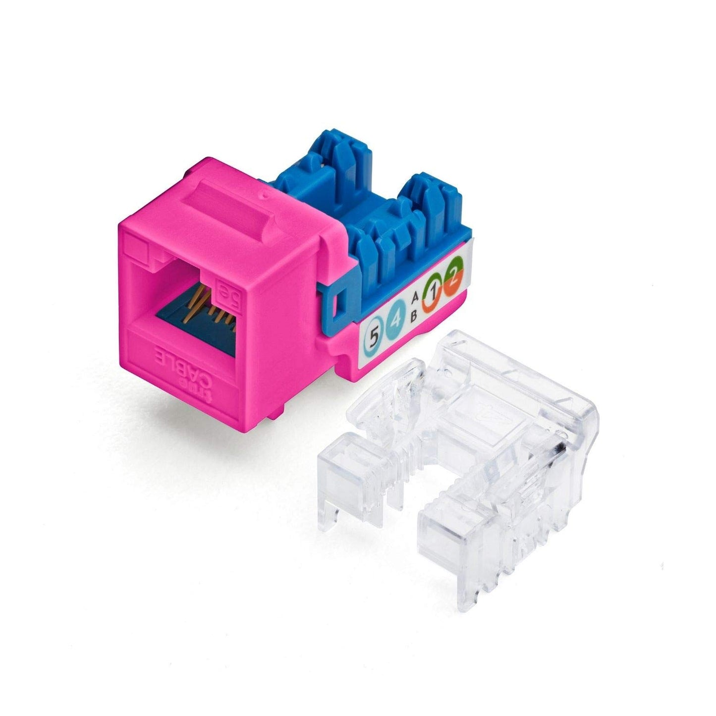 TRUE CABLE Cat5e Keystone Jack, Unshielded (UTP), 90 Degree Punch-Down, PoE++ (4PPoE) 100W,UL Listed, ETL Verified, ANSI/TIA Certified, Modular RJ45 Female, Pink, 48 Pack