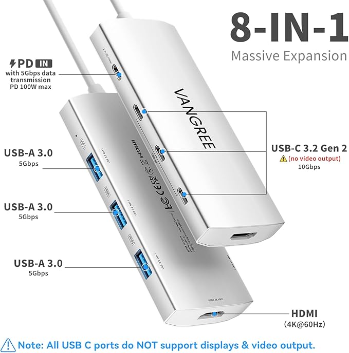 VANGREE USB C Hub 8 in 1, 3 USB-C+3 USB-A 3.2 10Gbps, 4K60Hz HDMI, 100W PD