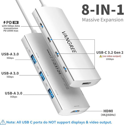 VANGREE USB C Hub 8 in 1, 3 USB-C+3 USB-A 3.2 10Gbps, 4K60Hz HDMI, 100W PD