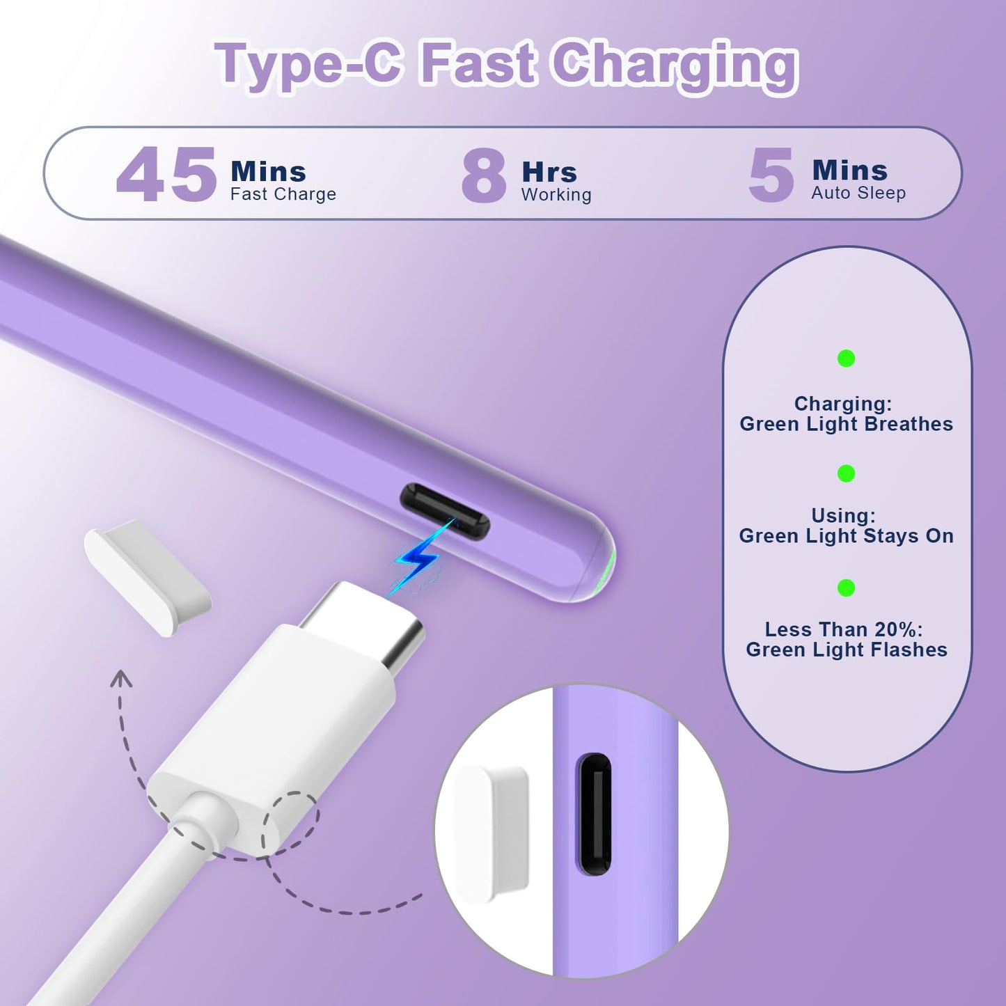 Stylus Pen for iPad, Magnetic Wireless Charging & USB C Fast Charge Pencil Compatible with Apple iPad (A16) 11/10/9/8/7/6th Generation, Pro 13"/12.9"/11", Air M3/M2/5/4/3, Mini (A17 Pro) 7/6/5 Purple