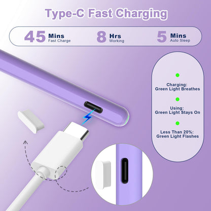 Stylus Pen for iPad, Magnetic Wireless Charging & USB C Fast Charge Pencil Compatible with Apple iPad (A16) 11/10/9/8/7/6th Generation, Pro 13"/12.9"/11", Air M3/M2/5/4/3, Mini (A17 Pro) 7/6/5 Purple