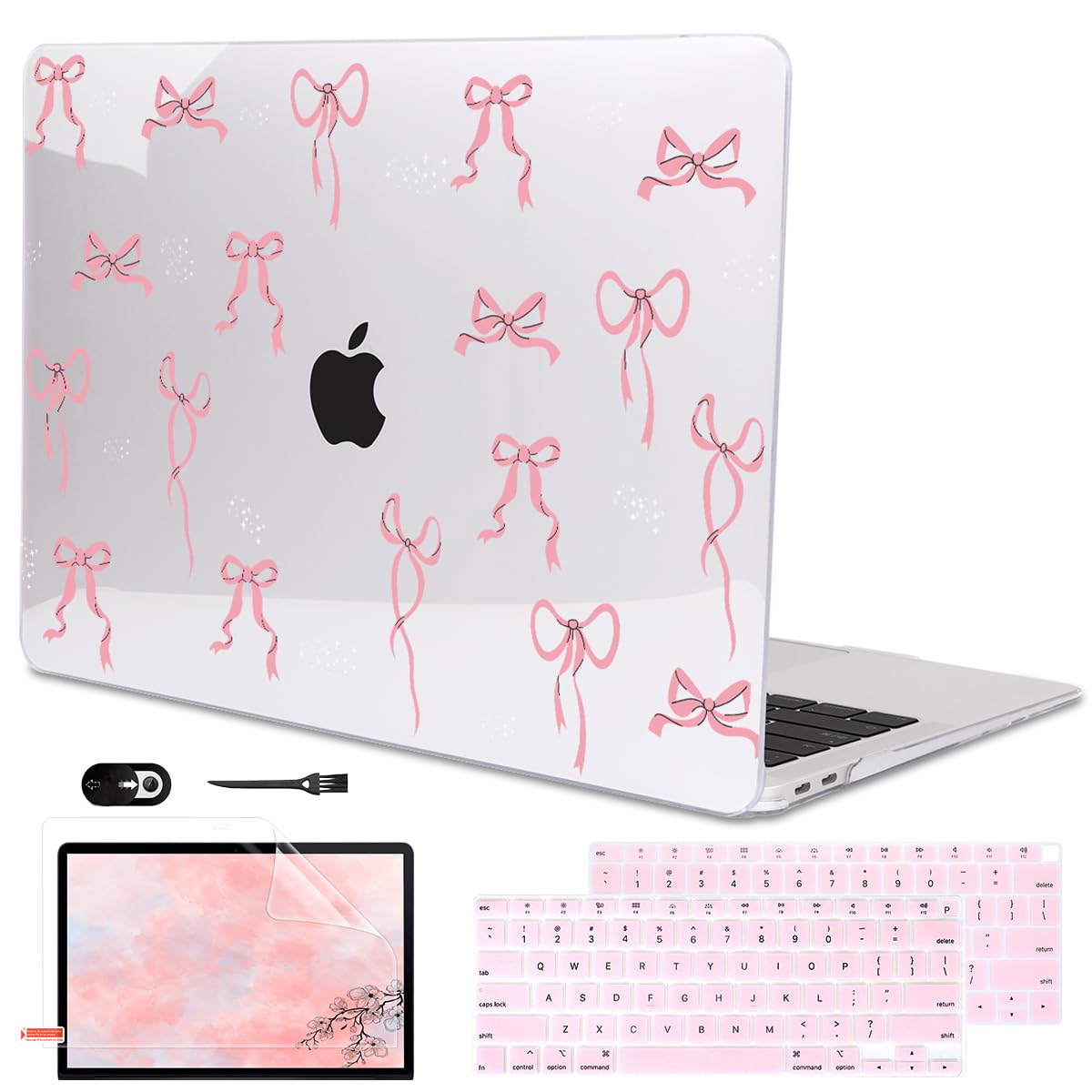 LCMOCICO Compatible with 2021 2020 2019 2018 MacBook Air 13 inch Case M1 A2337 A2179 A1932 with Touch ID, Crystal Clear Pattern Plastic Hard Shell Case for MacBook Air 13 M1 2021, Pink Bowknot
