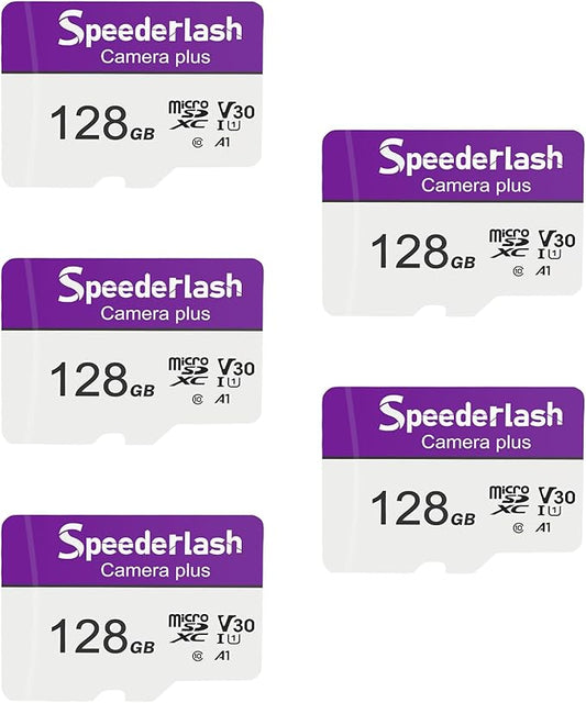 Micro SDXC Memory Card 128GB 5 Pack, Speederlash Camera Plus TF Card with Adapter, U3 V30, Up to 90MB/s Read Speed, 4K UHD&5K Video Support, U3, V30, A1 Rated, Waterproof, for Security Camera, Dashcam