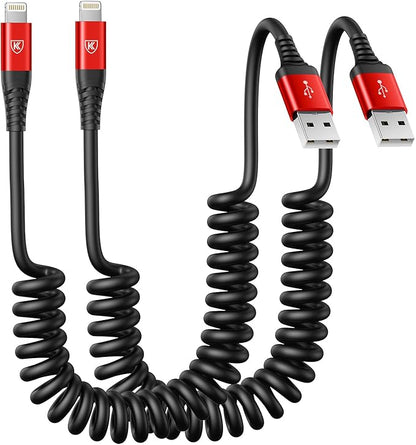 iPhone Charger Cable 6FT for Carplay, Coiled Lightning Cable 2 Pack - Red