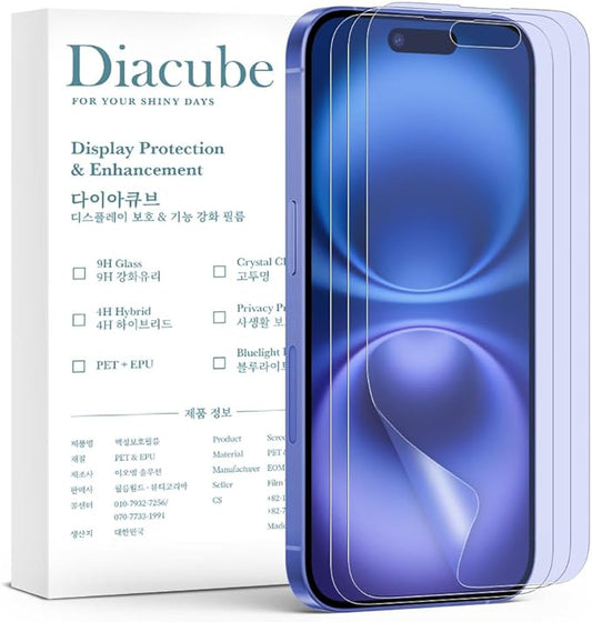 Diacube 3-Pack Anti-Blue Light Matte Screen Protector For iPhone 16 [Support Fingerprint Unlock] Anti-Glare, Anti-Fingerprint [Eye Protection] Bubble-Free Installation with Alignment Jig