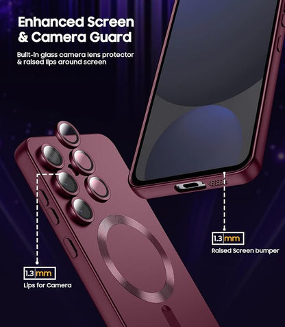 Magnetic for Samsung Galaxy S24 FE Case [Compatible with MagSafe][Built-in Camera Lens Protector] Slim Soft Silicone Bumper Shockproof Metallic Luster Phone Cover (Burgundy)