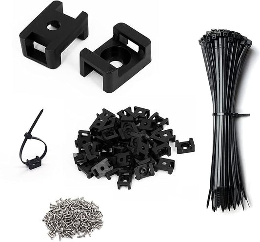 Cable Zip Tie Mounts Kit - 120 Set Wire Cable Clips Organizer Holders with 8" Cable Ties, Saddle Type Mounts Base and Tapping Screw, Black