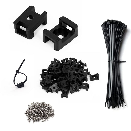 Cable Zip Tie Mounts Kit - 120 Set Wire Cable Clips Organizer Holders with 8" Cable Ties, Saddle Type Mounts Base and Tapping Screw, Black