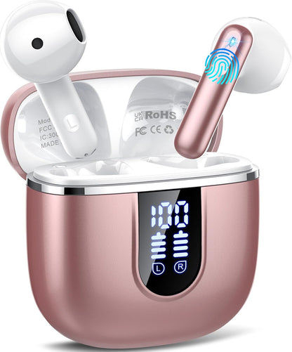 Wireless Earbuds, Bluetooth 5.4 Headphones in Ear Buds, HiFi Stereo Wireless Earphones with 4 ENC Noise Cancelling Mics, 40H Wireless Headphones with IP7 Waterproof, Dual LED Display USB C, Rose Gold