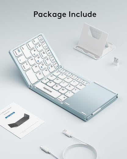 Samsers Multi-Device Foldable Bluetooth Keyboard with Touchpad, Rechargeable Dual-Mode(2.4G+BTx2) Wireless Keyboard with Holder, Portable Folding Keyboards for Android Windows iOS Mac OS - Blue