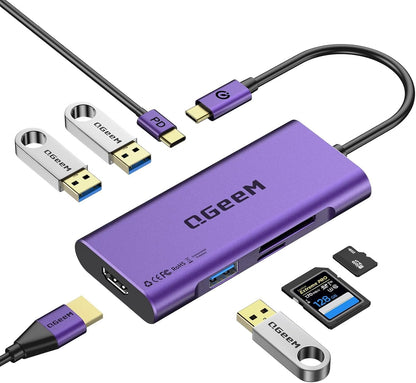 USB C Hub, QGeeM USB 4k to HDMI Adapter, 7 in 1 USB-C Dongle with 100W PD,USB 3.0, Card Reader, Compatible for MacBook iPhone 15/17 Ipad Pro max,Chromebook Laptop USB Type C Dock-Purple