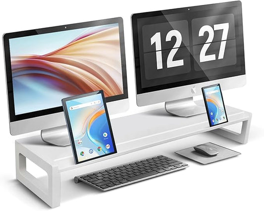DEEDRR Dual Monitor Stand Riser – 28-Inch Computer Monitor Stand with Multifunctional Slot for 2 Monitors, Multi-Purpose Desktop Storage for Laptop, Printer, TV