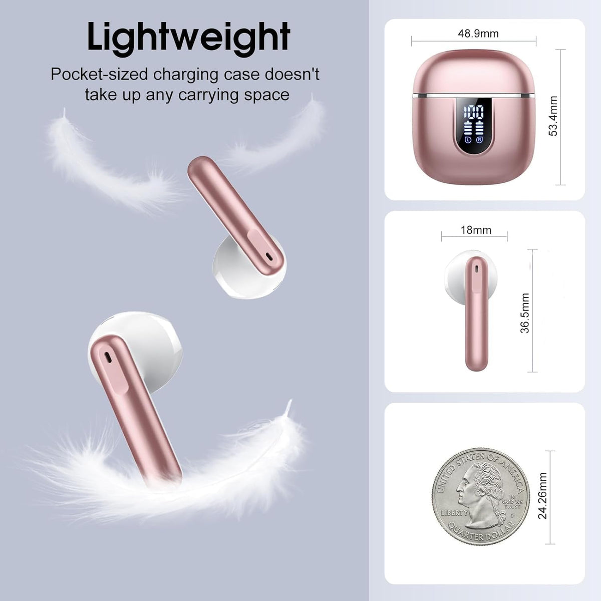 Wireless Earbuds, Bluetooth 5.4 Headphones in Ear Buds, HiFi Stereo Wireless Earphones with 4 ENC Noise Cancelling Mics, 40H Wireless Headphones with IP7 Waterproof, Dual LED Display USB C, Rose Gold