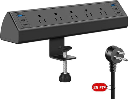 Desk Clamp Power Strip USB C,Under Desk Mount Power Station,20W Fast Charging,Fits 1.9'' Tabletop Edge,Desk Surge Protector,Perfect Home,Office Supplies (Black, 5 Outlets & 6 USB Ports & 25 FT Cable)