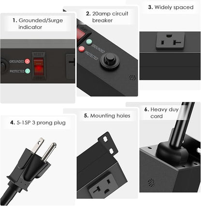 JUNNUJ Long Metal 16 Outlet Power Strip, Heavy Duty Power Strips Surge Protection 4800J with Circuit Breaker, 20a Wide Spaced Socket Wall Mount 5-15P Adapter High Amp 6-20R T-Slot 10FT Extension Cord