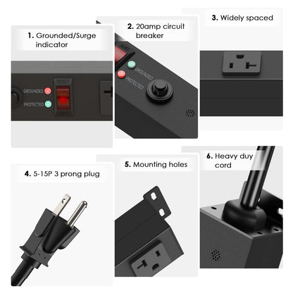JUNNUJ Long Metal 16 Outlet Power Strip, Heavy Duty Power Strips Surge Protection 4800J with Circuit Breaker, 20a Wide Spaced Socket Wall Mount 5-15P Adapter High Amp 6-20R T-Slot 4FT Extension Cord