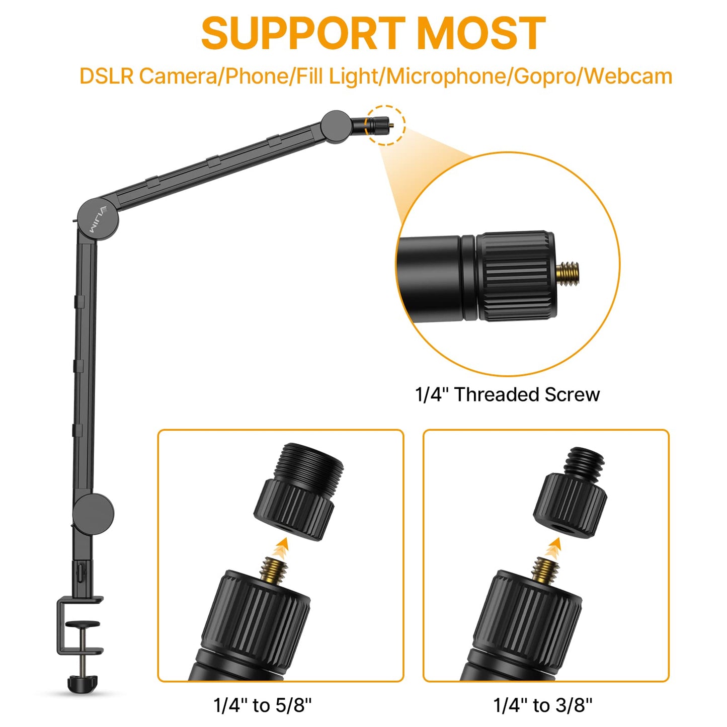 PICTRON VIJIM LS25 Camera Desk Mount, Flexible Overhead Webcam Stand with Boom Arm, Table C-Clamp Suitable for Photography Videography Live Stream
