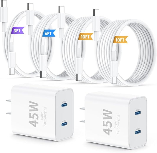 iPhone 16 15 Pro Max Charger Fast Charging,45W Dual Port USB C Fast Charger Block [2-Pack] & Extra Long 60W 3/6/10/10FT USB C Cable - PD Quick Adapter 3.0 for iPhone 16 15/16 15Pro/16 15 Plus.