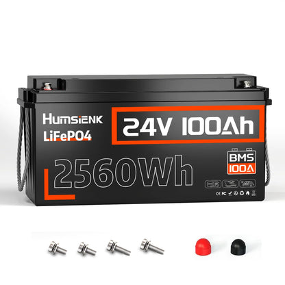 HumsiENK 24V 100Ah LiFePO4 Lithium Battery, Built-in 100A BMS with Low-Temp, 15000+ Deep Cycles 10 Years Lifespan, 2560Wh Lithium Iron Phosphate Battery, for RV, Trolling Motors, Off-Grid, Marine