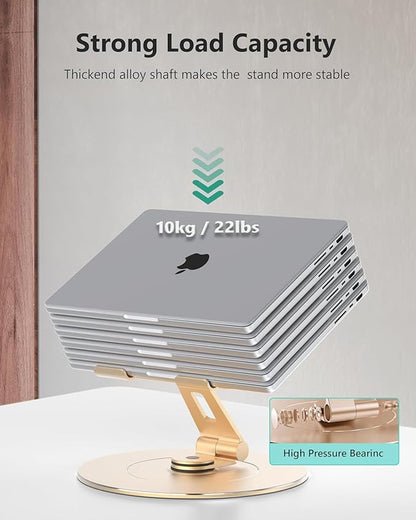Ultra-Stable Aluminumy Swivel Laptop Stand for Desk with Rotating Foldable Phone Holder, 300% Large Base Stability, Anti-Loosening,Suitable for 10"-17.3" Laptops, Champagne Golden