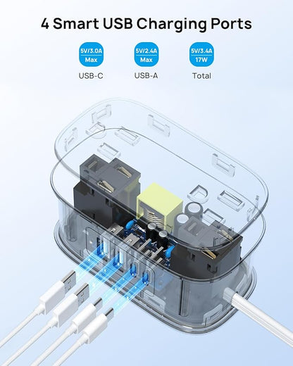 TROND Flat Plug Power Strip: 3.3ft Wrapped Short Extension Cord with 4 Outlets, 4 USB Ports, Small Charging Station, Travel Home Office Cruise Ship Dorm Room Essentials, Gray