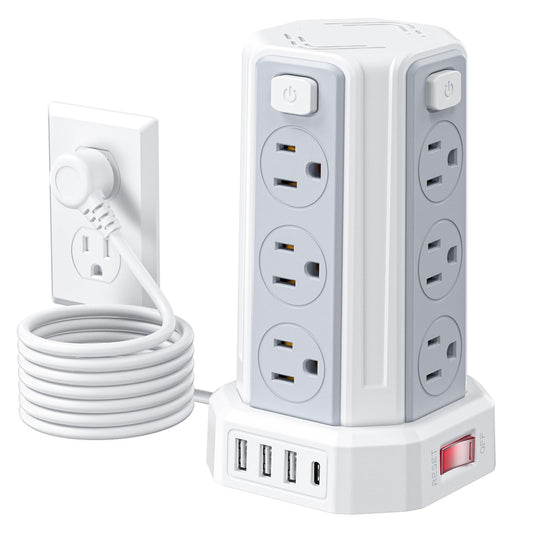 Power Strip 10 Ft Extension Cord with 12 AC Multiple Outlets 4 USB (1 USB C), SMALLRT Power Strip Tower Desktop Charging Station for Home Office College Dorm Essentials