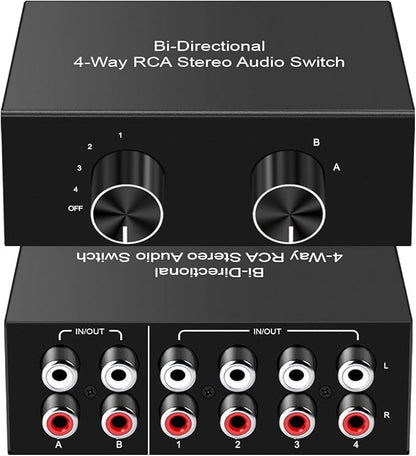 Y.D.F 4-Way Bi-Directional RCA Switch, HiFi AV L/R Sound Channel 2 in 4 Out or 4 in 2 Out, L/R Sound Channel Audio Switcher Splitter RCA Stereo Selector for DVD Stereo Speaker CD Player