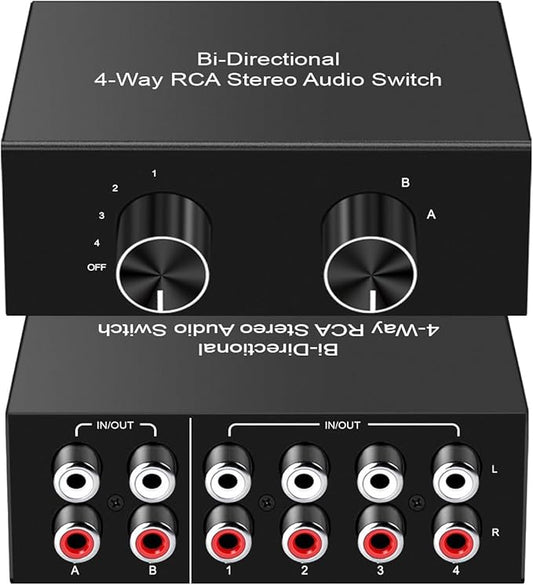 Y.D.F 4-Way Bi-Directional RCA Switch, HiFi AV L/R Sound Channel 2 in 4 Out or 4 in 2 Out, L/R Sound Channel Audio Switcher Splitter RCA Stereo Selector for DVD Stereo Speaker CD Player
