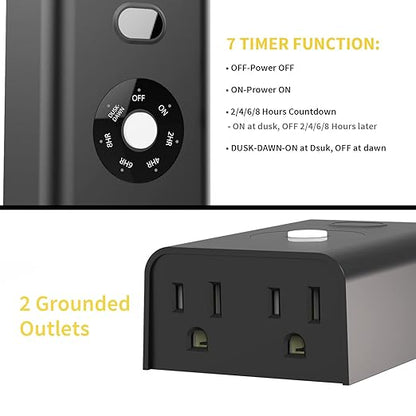 Minoston Outdoor Timer Outlet Waterproof 2 Pack, Dusk to Dawn Photocell Light Sensor Socket, 2/4/6/8 Hours Cutdown Timer, 2 Grounded Outlets for Christmas and Hallowen Deceration, Black(MP40T)