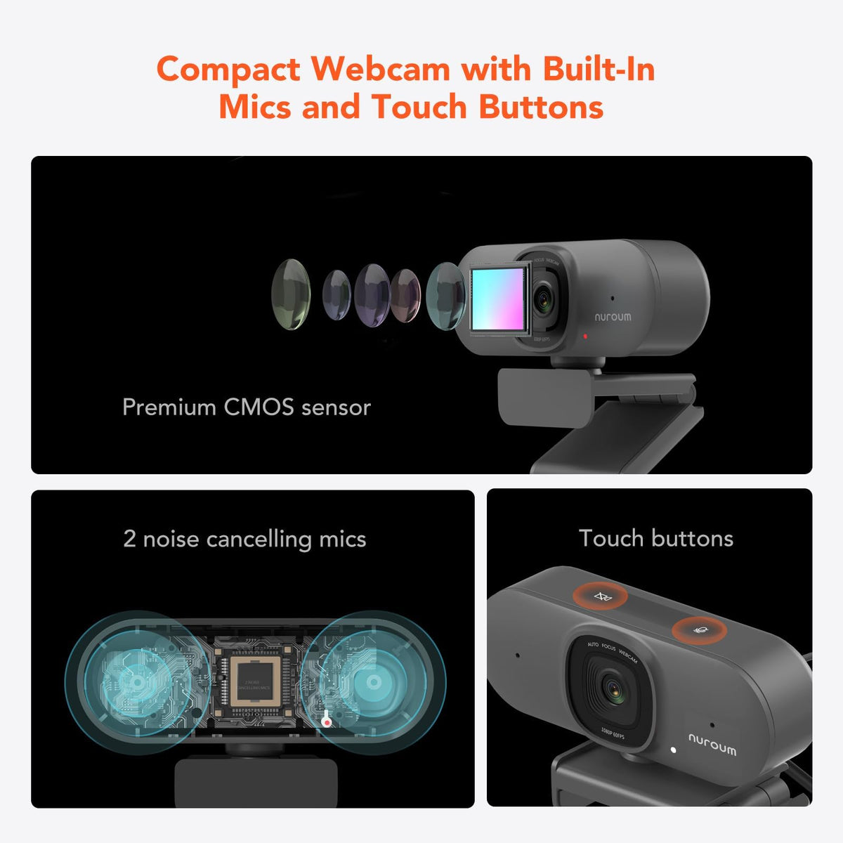NUROUM V15AF 2K Webcam for PC, 1080P 60fps Autofocus HD Webcam with Dual Noise Cancelling Microphone, 75° FOV&Light Correction, USB Web Camera Plug&Play for Zoom/Teams,Grey
