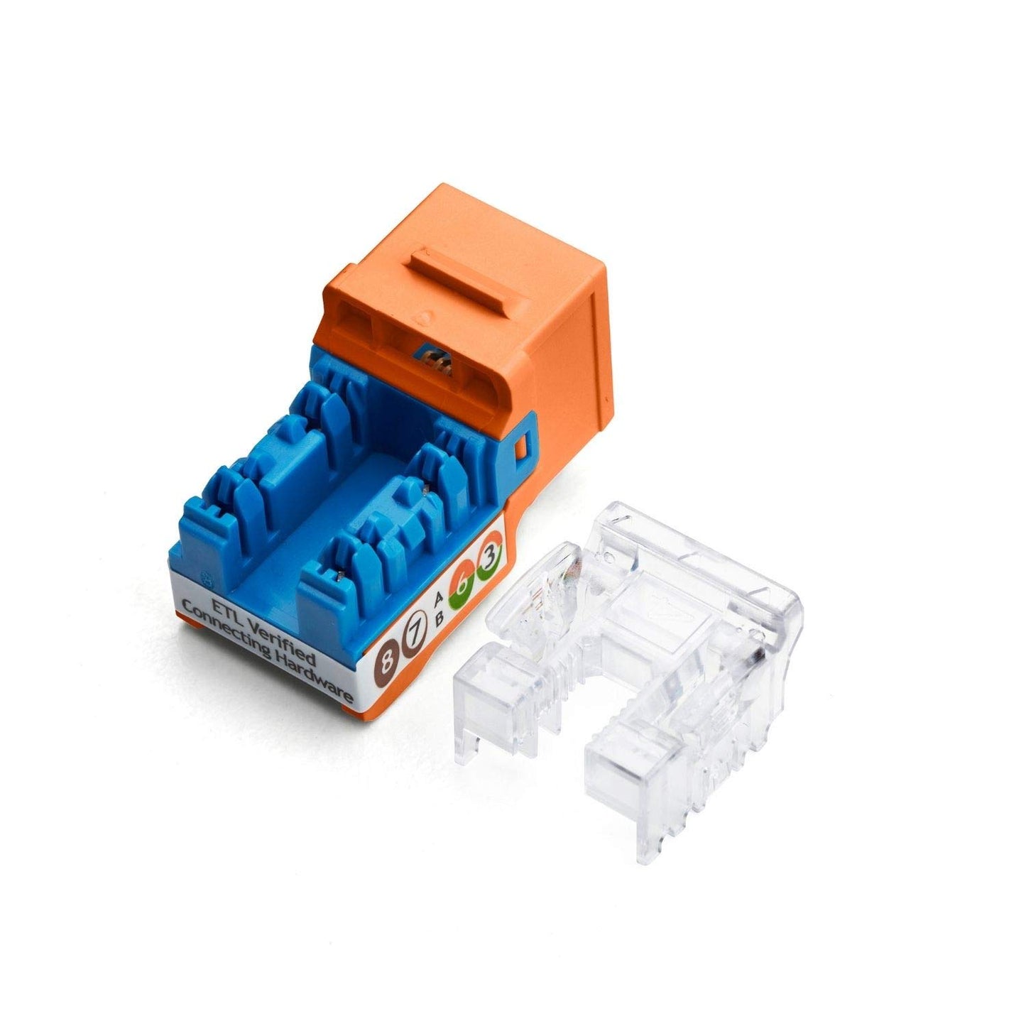 TRUE CABLE Cat5e Keystone Jack, Unshielded (UTP), 90 Degree Punch-Down, PoE++ (4PPoE) 100W, UL Listed, ETL Verified, ANSI/TIA Certified, Modular RJ45 Female, Orange, 24 Pack
