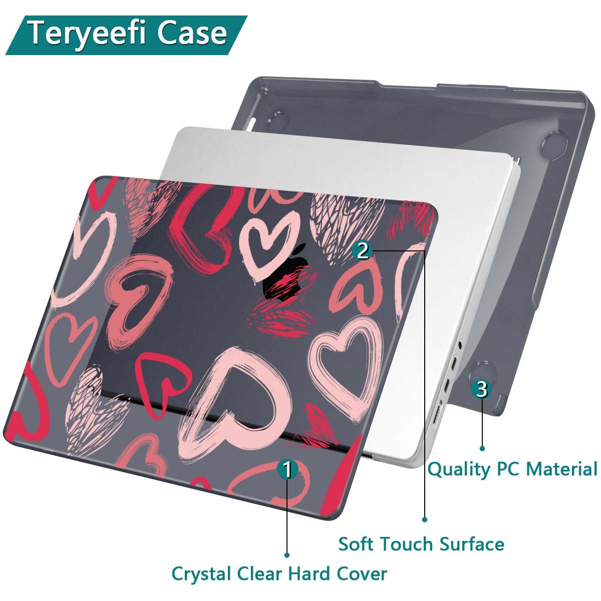 Teryeefi Design Case for M5 MacBook Pro 14 inch 2025 2024 2023 2021 Release M4 A3112 A3401 A3185 M3 A2918 A2992 M2 A2779 M1 A2442, Hard Shell Cover + Keyboard Cover for 14 inch MacBook Pro, Heart A002