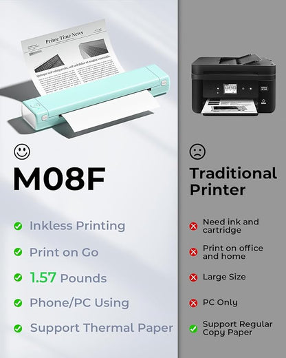 Phomemo M08F Portable Printers Wireless for Travel, Thermal Printer Support 8.5" X 11" US Letter Thermal Paper, Bluetooth Inkless Printer Compatible with iOS, Android, Laptop for Travel, Office, Home