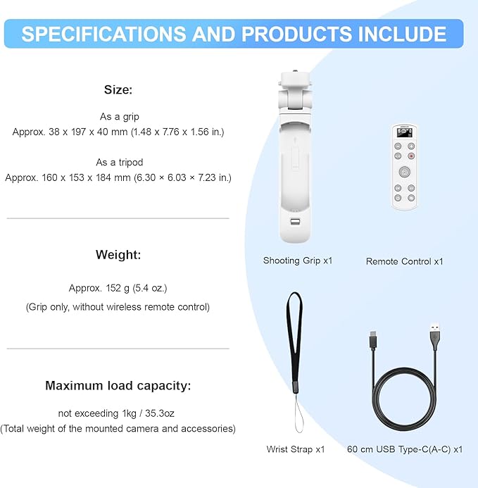 AODELAN for Sony Camera Tripod with Rechargeable Wireless Shutter Release,Shooting Grip Remote Control Handle for ZV-E10,ZV-1F,ZV-1,A7C,A7III,A7R IV,A6100,A6400,A6700,FX30,A9 II,DSC-RX0 II(White)