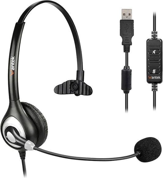 Wantek USB Headset with Microphone Noise Cancelling & Audio Controls, Computer Headphones for PC Laptop, Business, Home Office, Call Center, Skype, Zoom, Webinar, Clear Chat, Super Light,Single