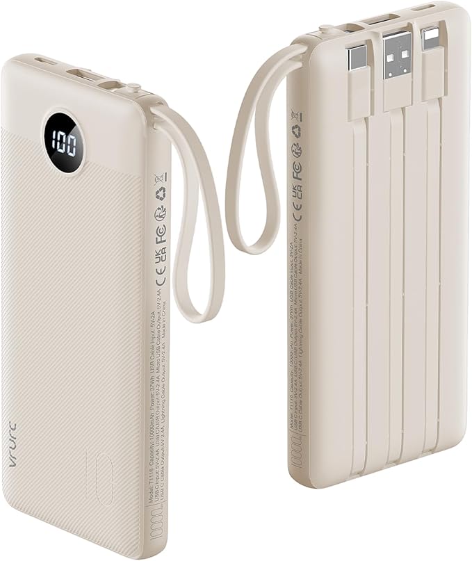 VRURC Portable Charger Power Bank,10000mAh Travel Essentials Battery Pack, 5 Outputs 2 Inputs Slim USB C Charging Bank Built-in Cables Cords Compatible with iPhone,Samsung,Android-Light Coffee(1 Pack)