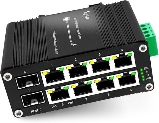 Xnyahitog Industrial Managed 8 Port PoE Ethernet Switch with 2 SFP Slot, Gigabit Networking Switch with Web Management, Supporting Din-Rail, Black, XY-M2F8P
