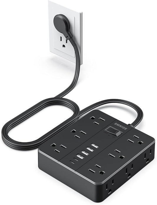 Power Strip Flat Plug with 12 Outlets 6 USB(2 USB C),SMNICE Charging Station with Overload Protection,5ft Extension Cord Widely Spaced Multiple Outlets for Home Office Dorm,Black