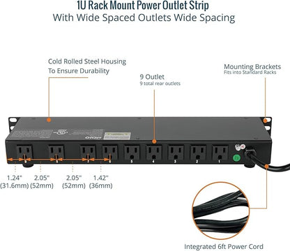 Tecmojo 9-Outlet Rack Mount Power Strip,1U Horizontal PDU Individual Switch 6ft Cord, with 2USB and 2 Type-C,for IT and Network Racks and Cabinets