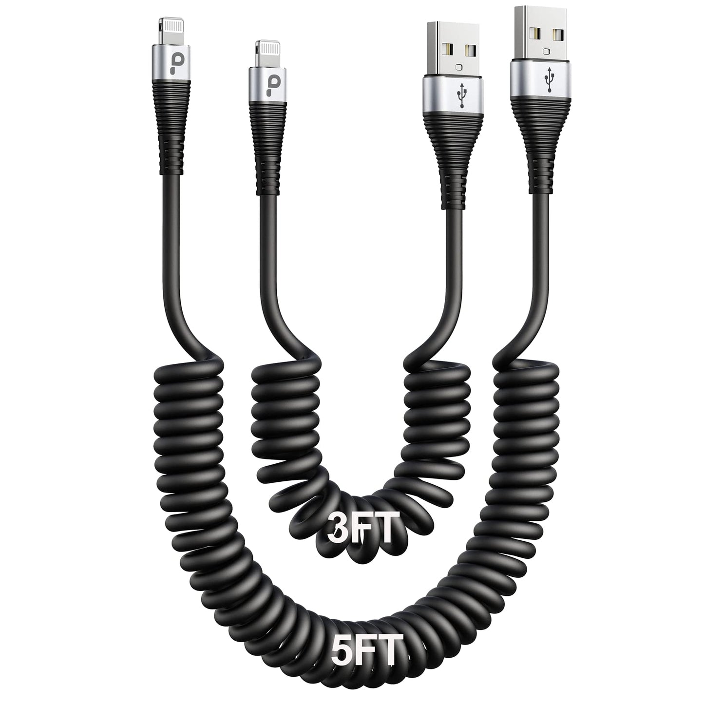 PRAKIE iPhone Charger Cable for Car (3FT/5FT), 2Pack Coiled Lightning Cable