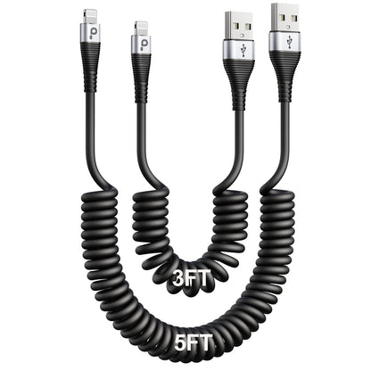 PRAKIE iPhone Charger Cable for Car (3FT/5FT), 2Pack Coiled Lightning Cable