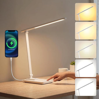 TECHNOVA LED Desk Lamp with 5 Color Temperatures | Sliding Stepless Dimming & One-Touch Timer | Foldable & Portable Design for Office/Study/Nail Art | Four-Axis Rotation for Small Desks