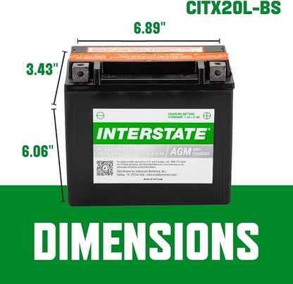 Interstate Batteries YTX20HL-BS 12V 18Ah Powersports Battery 270CCA High-Performance AGM Rechargeable Replacement for Motorcycles, ATVs, UTVs, Jet Skis, Snowmobiles (CITX20L-BS-PW)