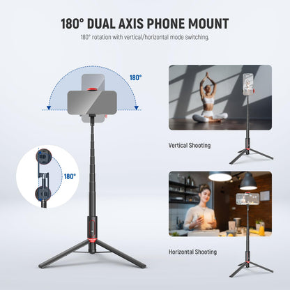 NEEWER Basics PA991 Selfie Stick Tripod Compatible with iPhone Samsung Android, 57.9 Inch Metal Portable Lightweight Travel Mobile Phone Stand with Holder & Remote Control for Video Recording