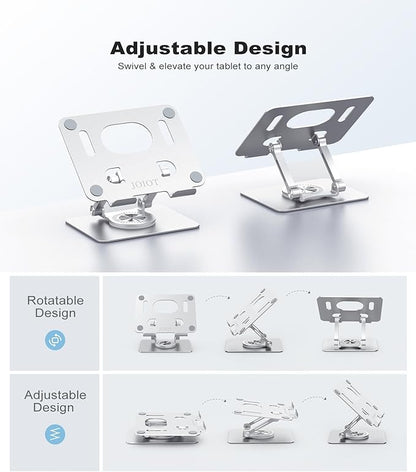 Tablet Stand, Swivel Ipad Stand with 360 Rotating Base, Adjustable Tablet Holder for Drawing, Compatible with iPad Pro/Air/Mini and More (Silver)