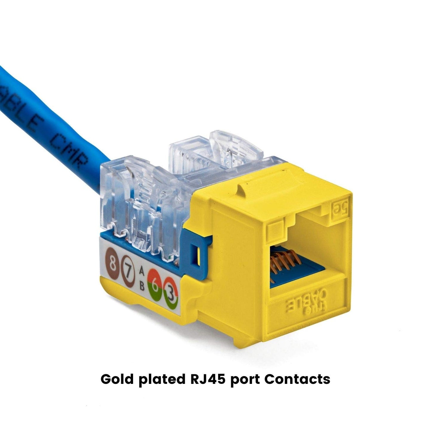 TRUE CABLE Cat5e Keystone Jack, Unshielded (UTP), 90 Degree Punch-Down, PoE++ (4PPoE) 100W, UL Listed, ETL Verified, ANSI/TIA Certified, Modular RJ45 Female, Yellow, 24 Pack