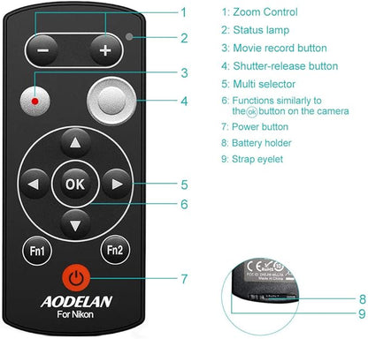 AODELAN Wireless Camera Remote Control Remote Shutter Release for Nikon Zfc, Z50, P1000, B600, A1000, P950; Replaces Nikon ML-L7