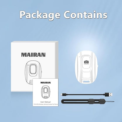 MAIRAN Rechargeable Wireless Camera Remote Shutter for iPhone and Android Smartphones, Bluetooth Phone Remote Control,Selfie Button for Photos and Videos Charging Cable Included-White
